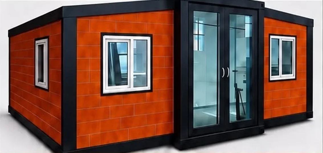 Maison modulaire classique Metalkaz, panneaux aspect bois orange et double porte vitrée